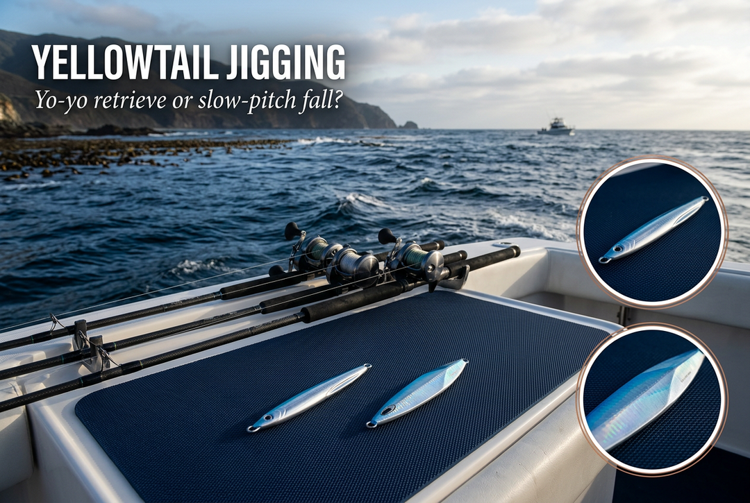 Slim and broad metal jigs without hooks on a boat tackle mat beside supported rods, headed Yellowtail Jigging.