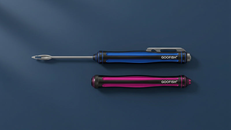 Blue hook remover and pink spare handle category illustration on a plain dark navy background