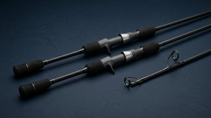 Matte black slow jigging rod category illustration with angled grips and guide details on a dark navy background