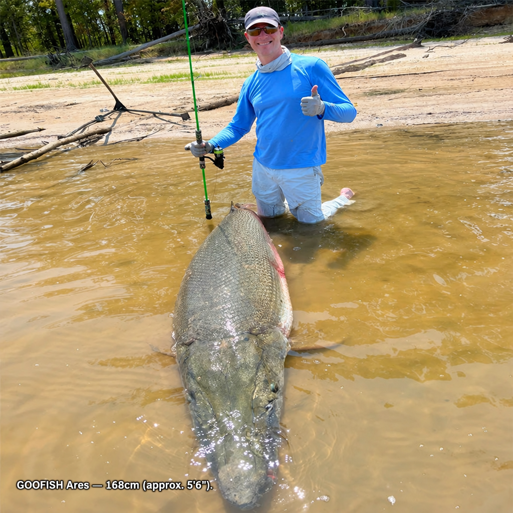 Angler holding a green GOOFISH Ares rod beside a large fish in shallow water