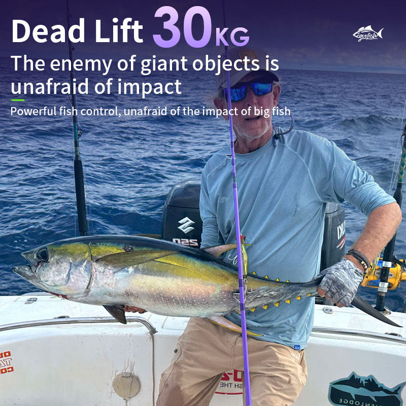 Angler holding a tuna beside a Purple Diamond rod aboard a boat, with a 30kg deadlift label