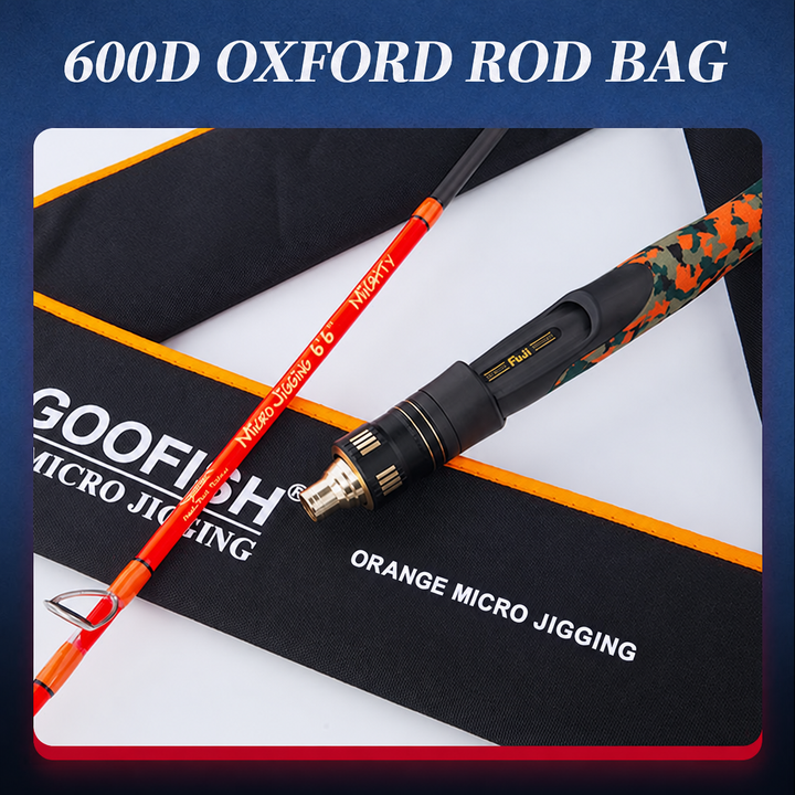 Camouflage EVA split grips and enlarged rear handle details on the GOOFISH Orange Micro rod