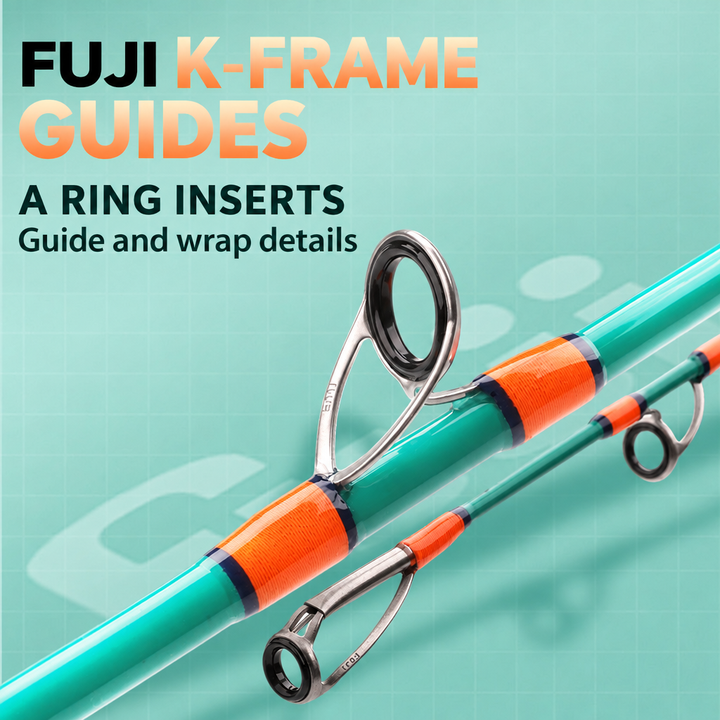FUJI K-frame guides with A ring inserts and orange wraps on the GOOFISH Titan Surge rod
