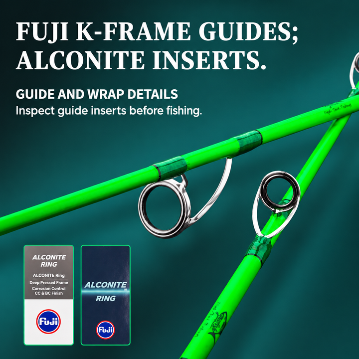 FUJI K-frame guides with Alconite inserts and guide-wrap details on the green GOOFISH Ares blank