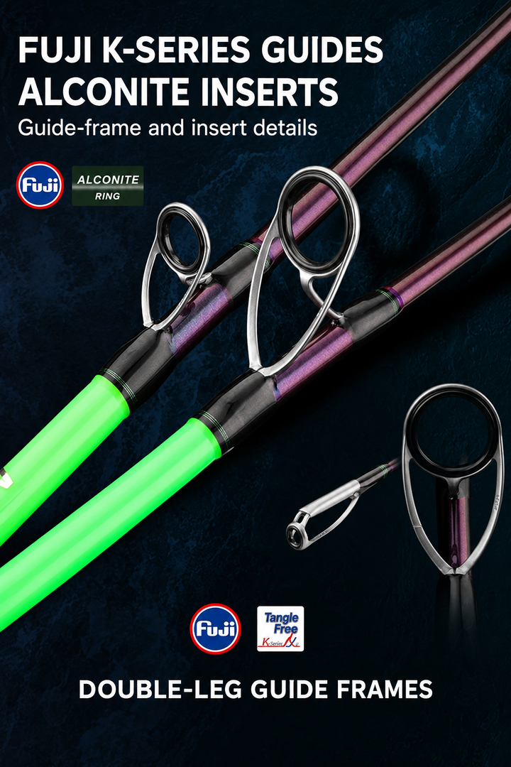 FUJI K-series double-leg guide frames and Alconite inserts on the GOOFISH Monster Deep PE5–8 jigging rod