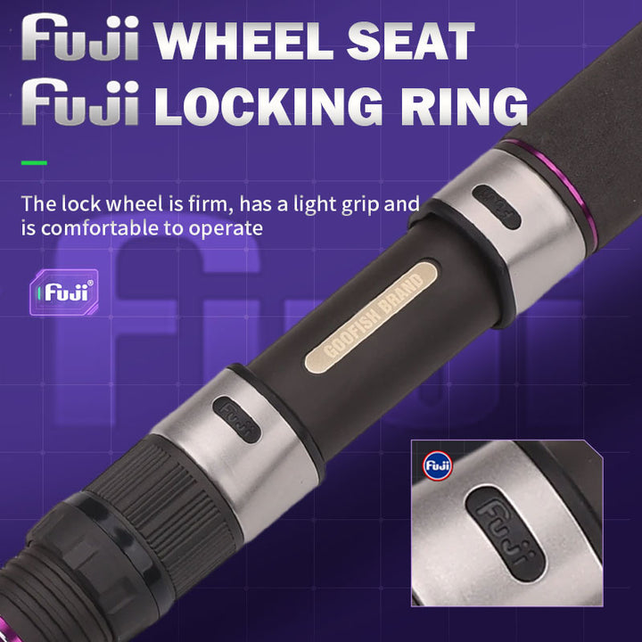 FUJI reel seat and locking hardware close-up on the Purple Diamond popping rod