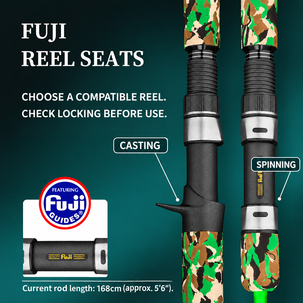 FUJI reel seats labeled Casting and Spinning on GOOFISH Ares rod handles