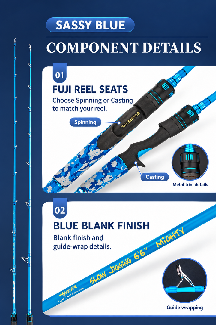 FUJI reel seats labeled Spinning and Casting with blue blank finish and guide-wrap close-ups