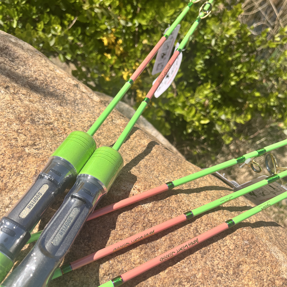 FUJI reel seats with green fittings and pink blank detailing on GOOFISH Ares Light rods