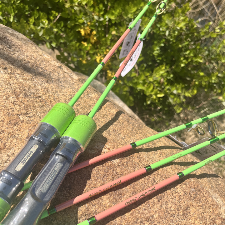 FUJI reel seats with green fittings and pink blank detailing on GOOFISH Ares Light rods