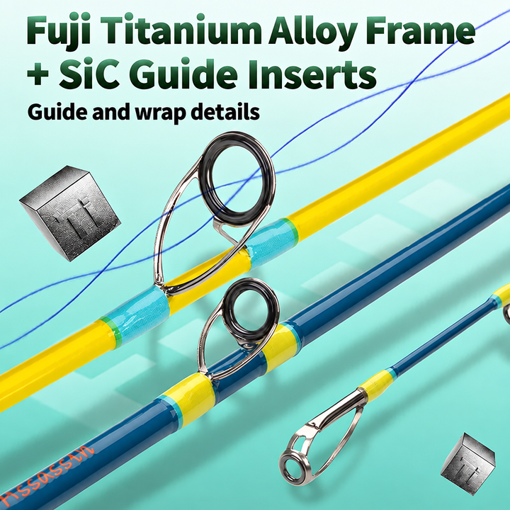FUJI titanium alloy frames and SiC guide inserts on yellow and blue GOOFISH Ocean Assassin rods