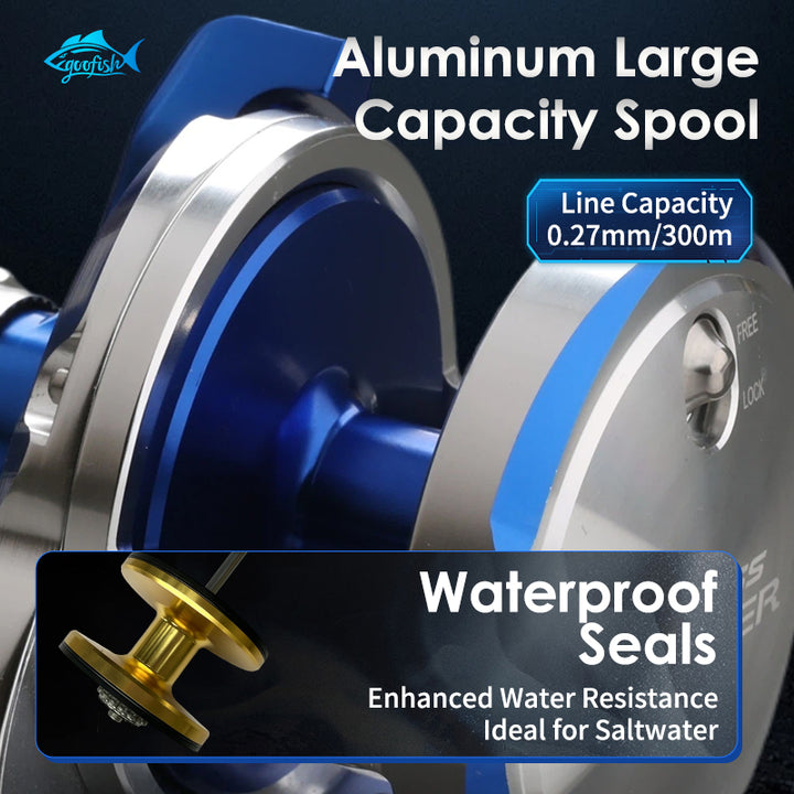 GOOFISH Abyss Jigger Gen 1 aluminum spool and shaft detail with line-capacity and waterproof-seal labels
