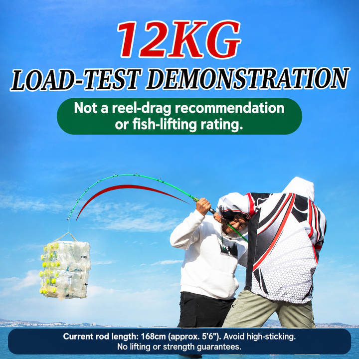 GOOFISH Ares 12kg load-test demonstration with a reel-drag and fish-lifting safety note