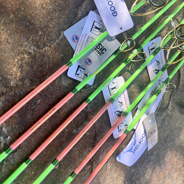 GOOFISH Ares Light pink blank sections and green guide wraps with FUJI SiC component tags