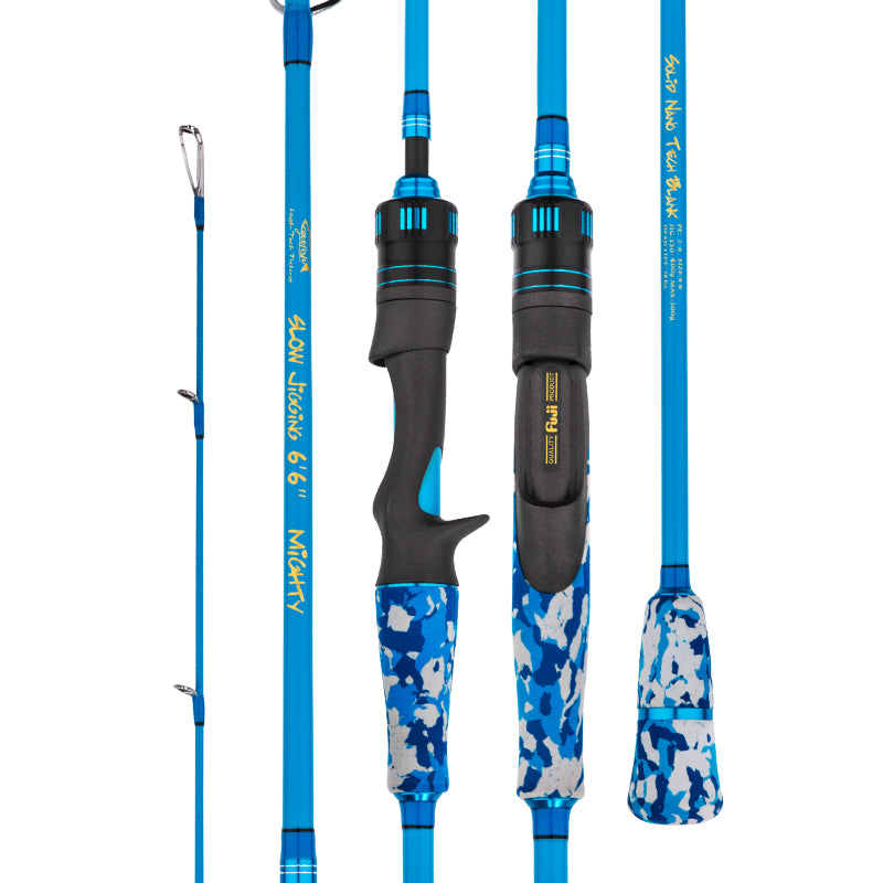 GOOFISH Blue jigging rod showing spinning and casting reel seats, guide frames and blue camouflage grips