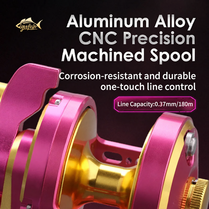 GOOFISH Edge Jigger 30 pink aluminum frame and gold spool close-up with an original line-capacity label
