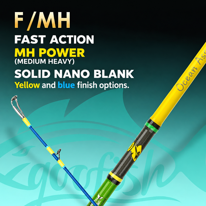 GOOFISH Ocean Assassin Fast action and MH power illustration with yellow and blue rod details