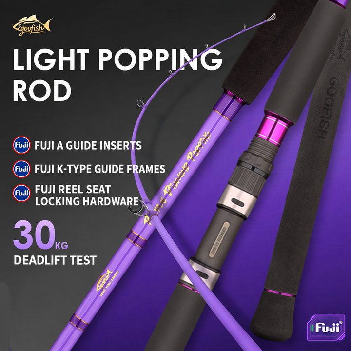 GOOFISH Purple Diamond popping rod with FUJI A guide inserts, K-type guide frames, reel seat and a 30kg deadlift label