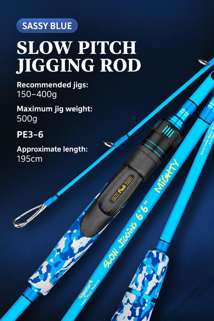GOOFISH Sassy Blue slow pitch jigging rod with recommended 150–400g jigs and maximum 500g jig weight