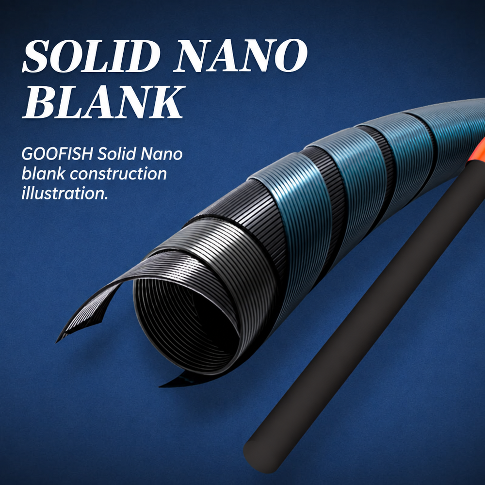 GOOFISH Solid Nano blank construction illustration with layered fibers and an orange rod section