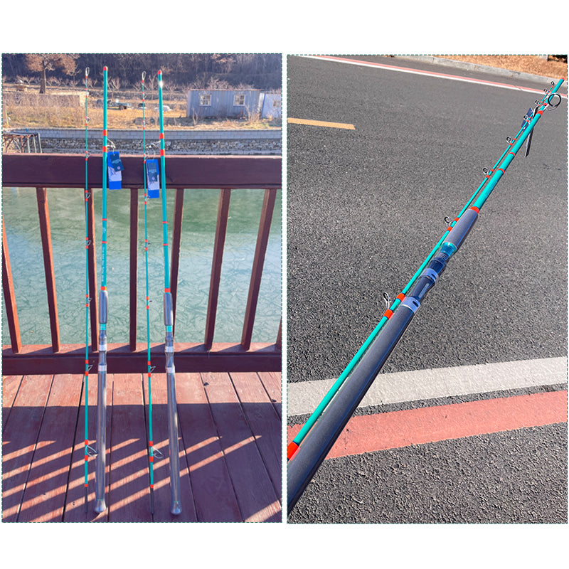 GOOFISH Titan Surge green popping rods with orange guide wraps and black EVA handles shown outdoors