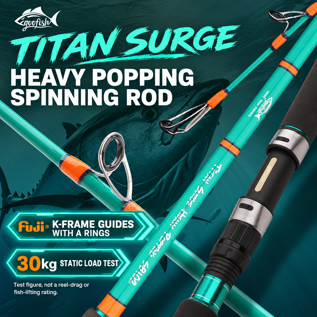 GOOFISH Titan Surge green popping spinning rod with FUJI components and a 30kg static-load test label
