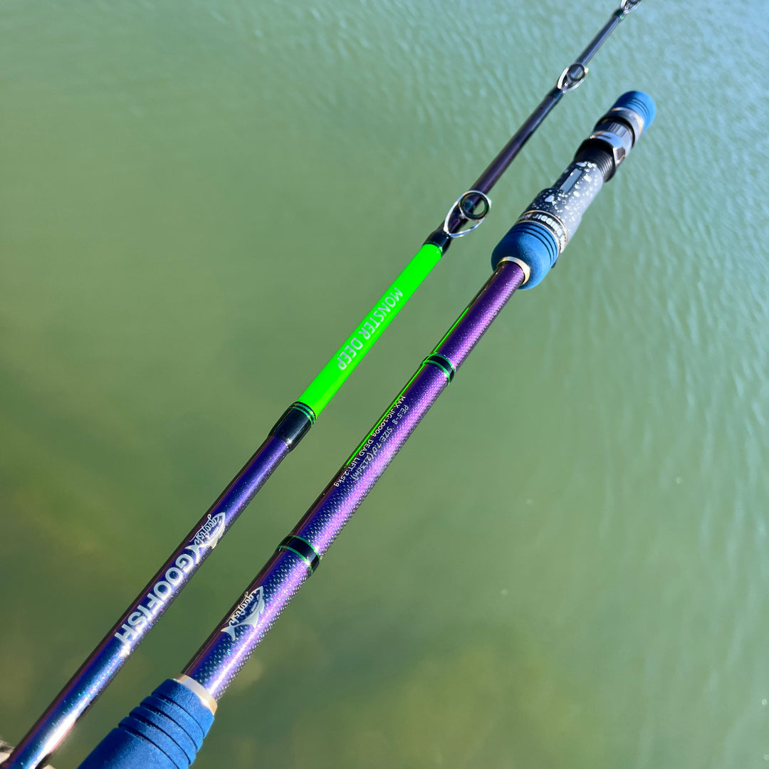 Monster Deep separated rod sections showing Chameleon finish and green branding