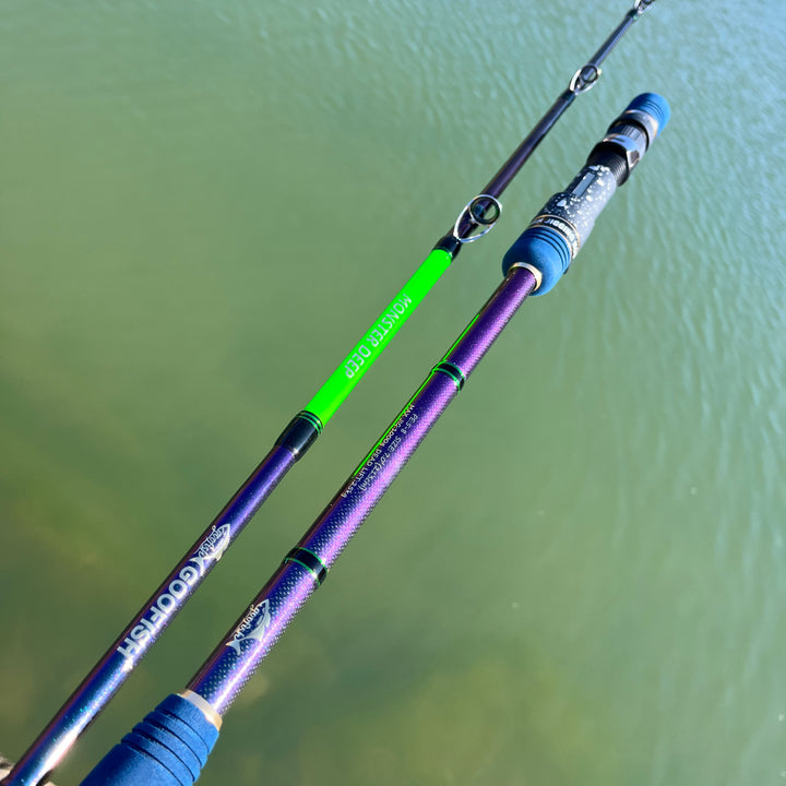 Monster Deep separated rod sections showing Chameleon finish and green branding
