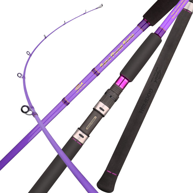 Purple Diamond rod montage showing the purple blank, guide arrangement, FUJI reel seat and black EVA grips