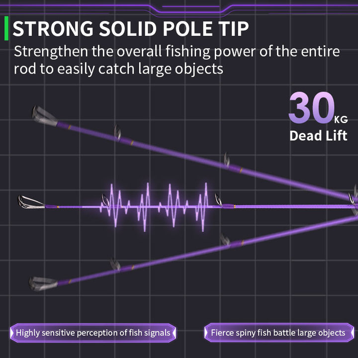 Purple Diamond solid carbon tip illustration showing three rod-tip positions and a 30kg deadlift label