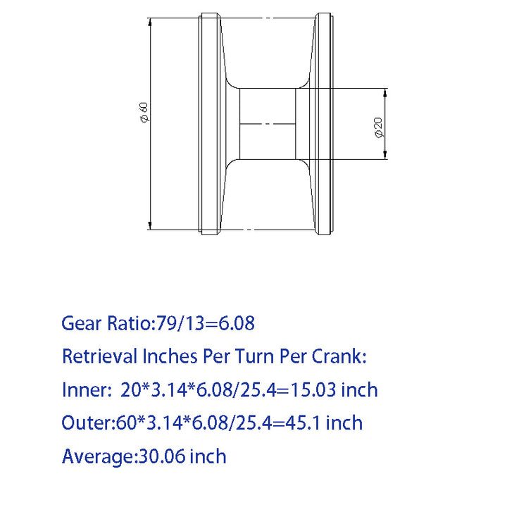 Spool diameter diagram and 6.08:1 gear-ratio calculations showing how line retrieve changes with spool fill