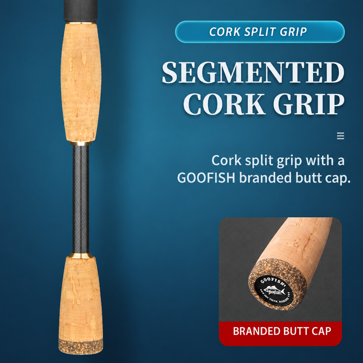 Cork split grip and GOOFISH branded butt cap on the trout spinning rod