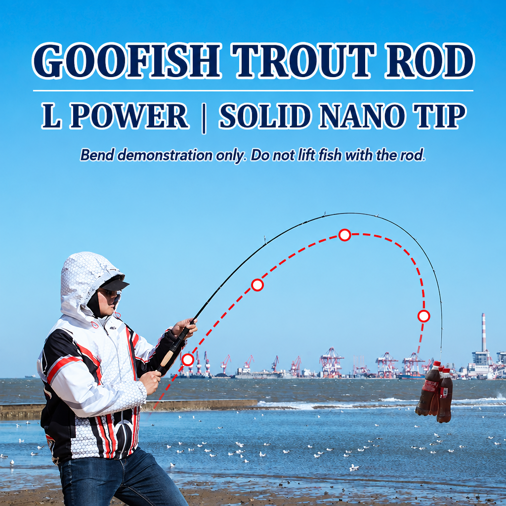 GOOFISH L Solid Nano tip trout rod bend demonstration beside the sea