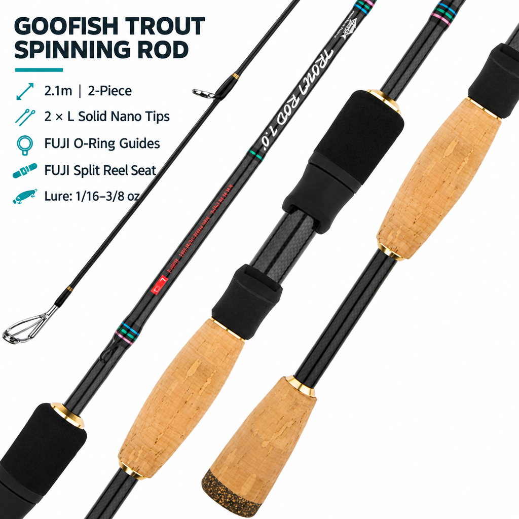 GOOFISH 2.1m trout spinning rod with two L Solid Nano tips, FUJI O-ring guides, FUJI split reel seat and cork grips