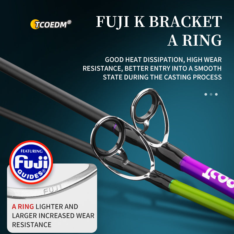 FUJI K-frame guides with Alconite rings on violet and green Tcoedm slow pitch jigging rods