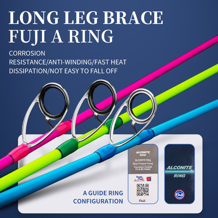 FUJI guides with Alconite inserts on pink, green and blue GOOFISH slow pitch jigging rods