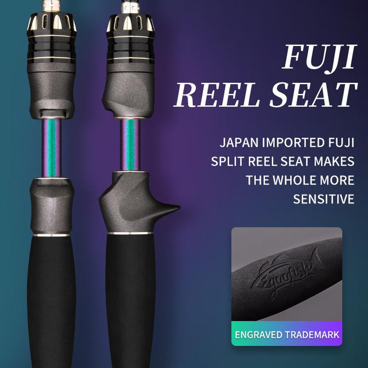 FUJI spinning and trigger-style casting reel seats with black EVA grips on GOOFISH BassMaster rods