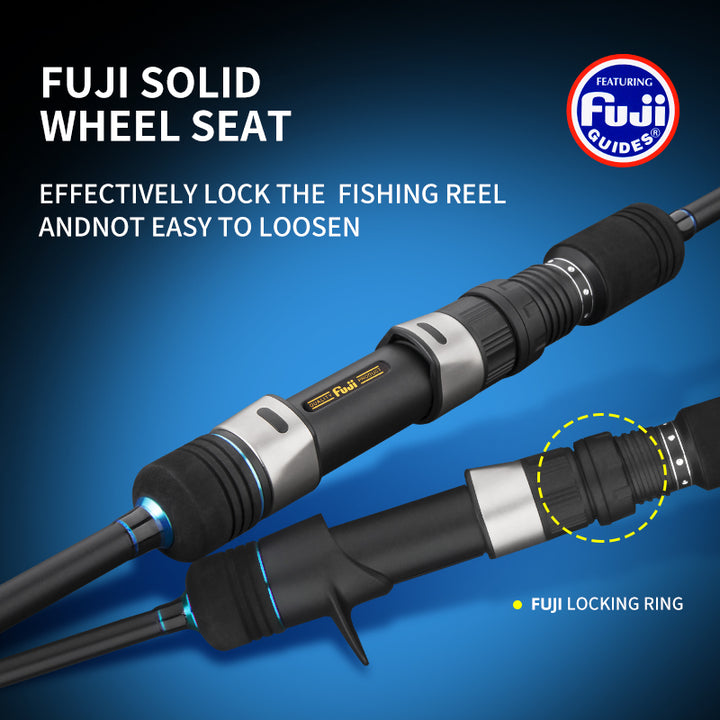FUJI spinning and trigger-style casting reel seats with locking-ring detail on Tcoedm jigging rods