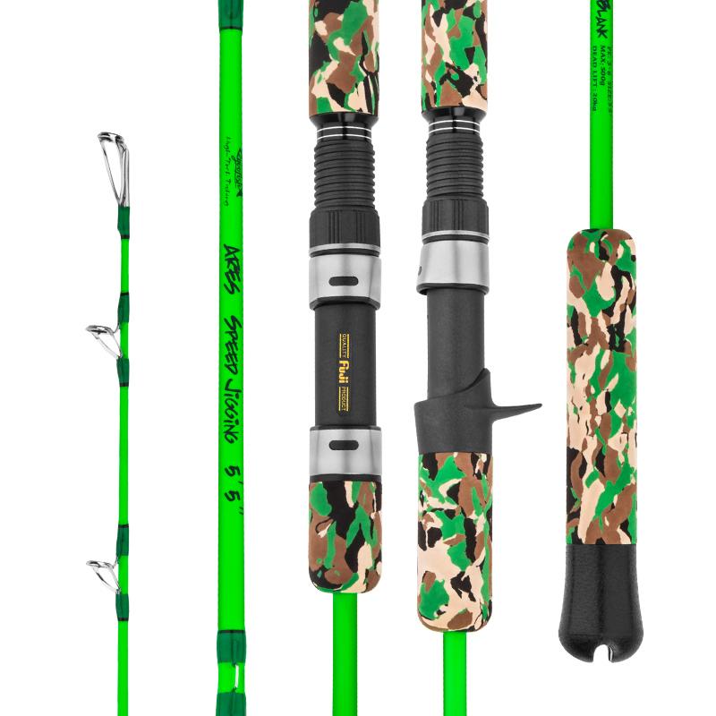 GOOFISH Ares rod tip, green blank, Spinning and Casting reel seats and rear grip on a white background