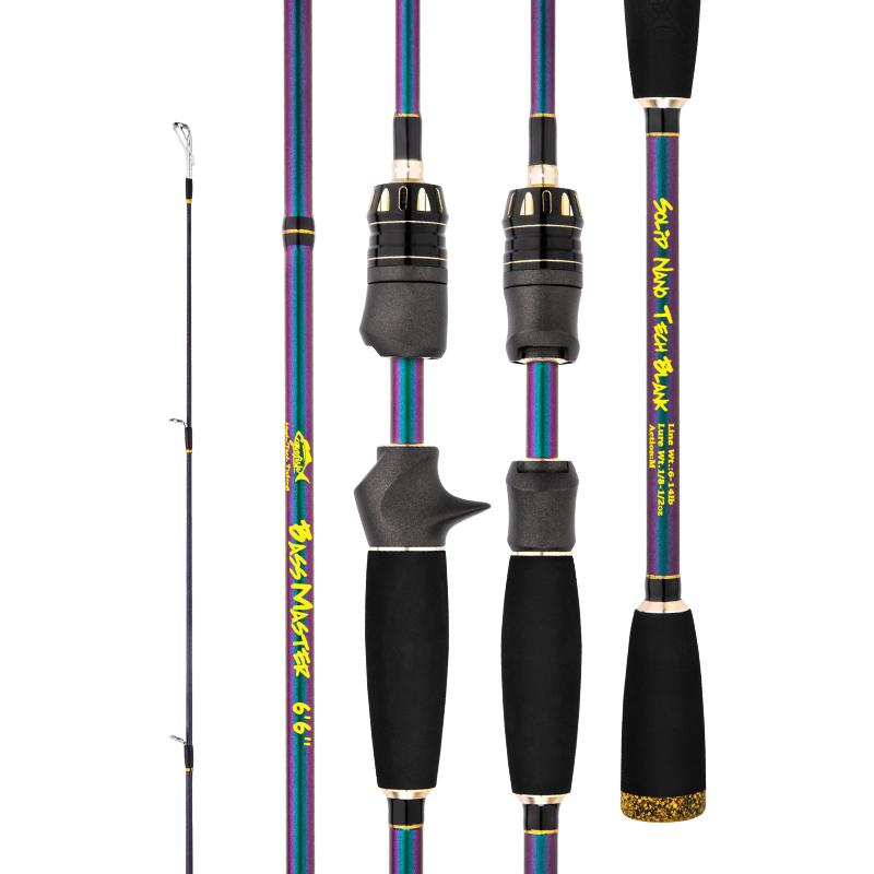 GOOFISH BassMaster rod details showing spinning and casting reel seats, chameleon finish and black EVA grips