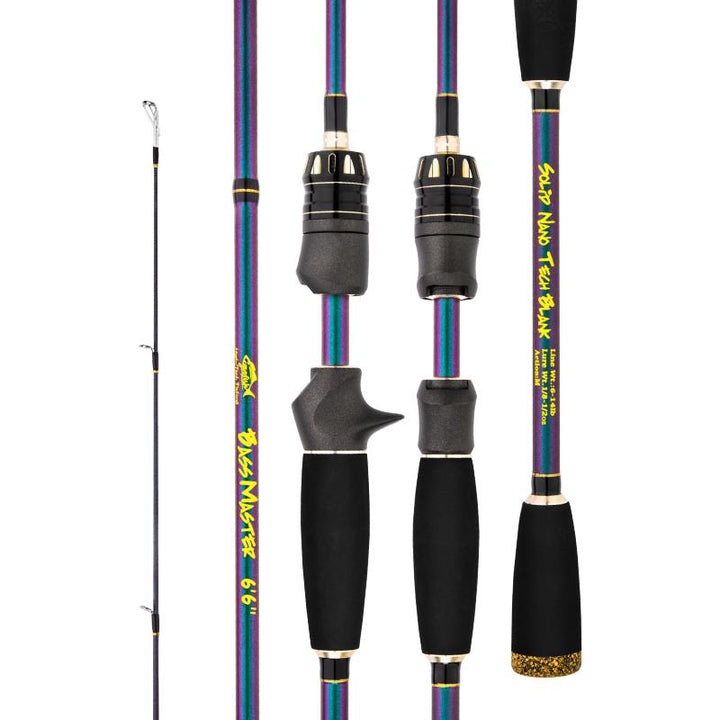 GOOFISH BassMaster rod details showing spinning and casting reel seats, chameleon finish and black EVA grips
