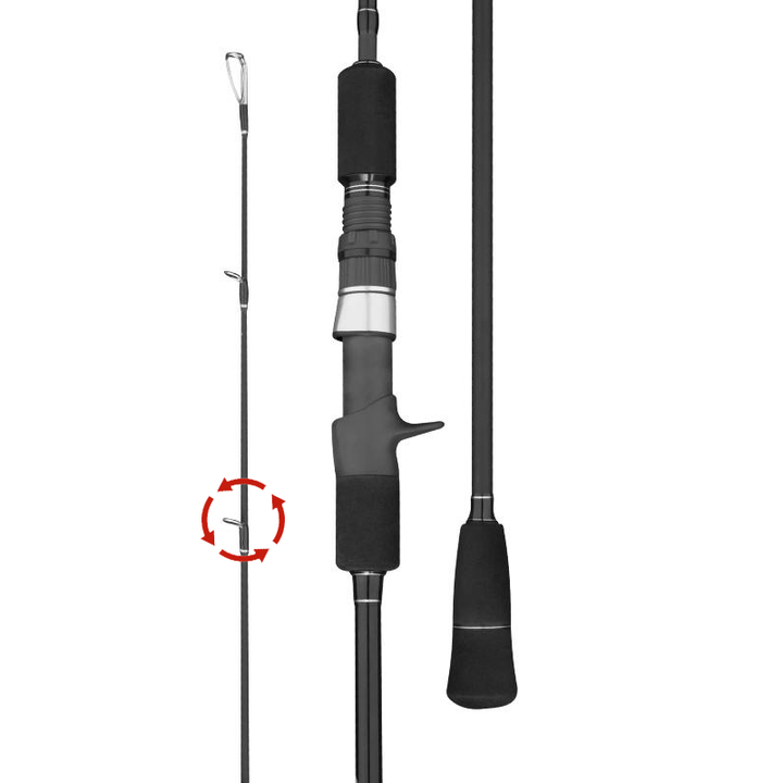 GOOFISH Matte Black PE2–4 casting rod with left spiral guides highlighted by red arrows