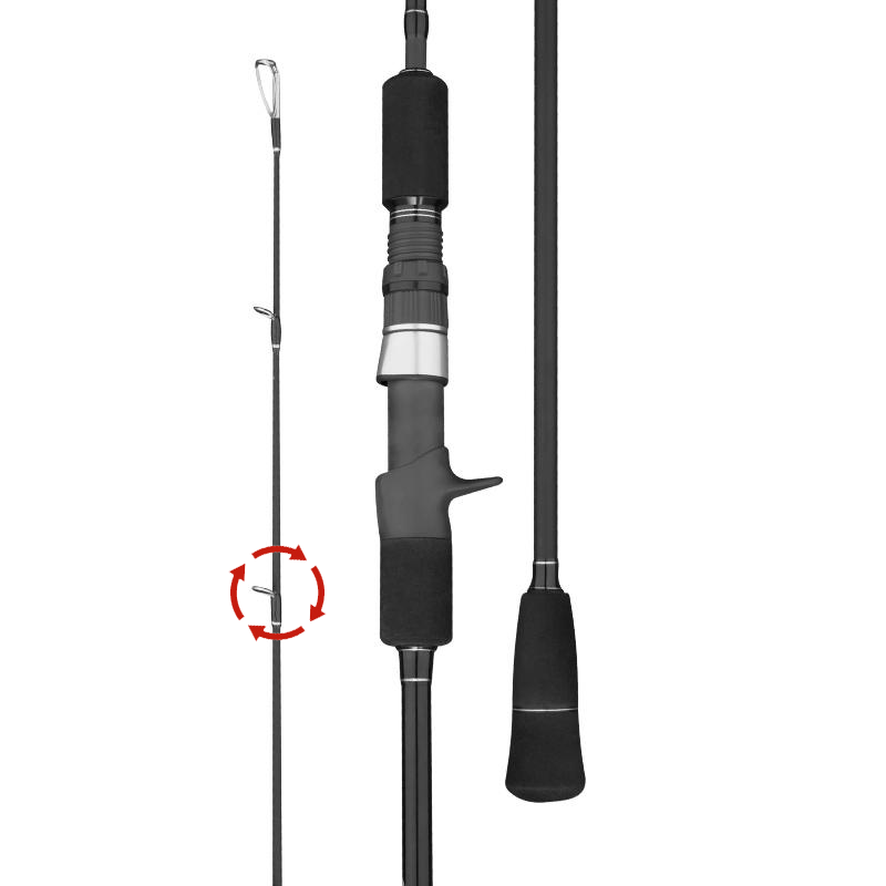 GOOFISH Matte Black PE2–4 casting rod with right spiral guides highlighted by red arrows