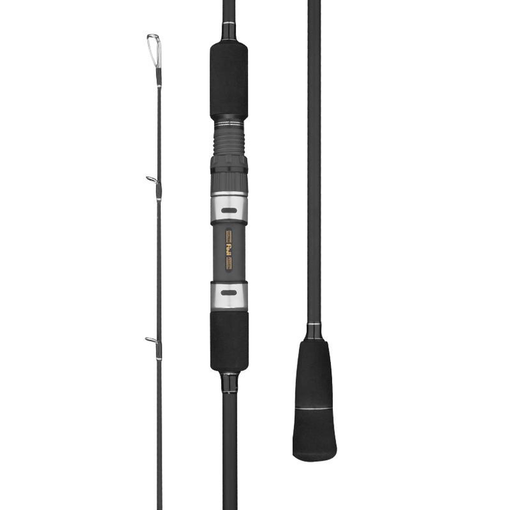 GOOFISH Matte Black PE2–4 spinning rod details with silver trim, FUJI reel seat and black EVA grips