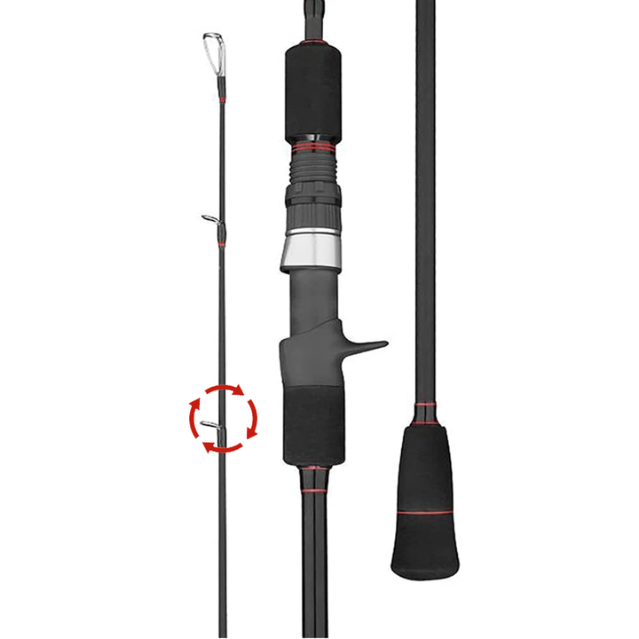 GOOFISH Matte Black PE3–6 casting rod with right spiral guides highlighted by red arrows