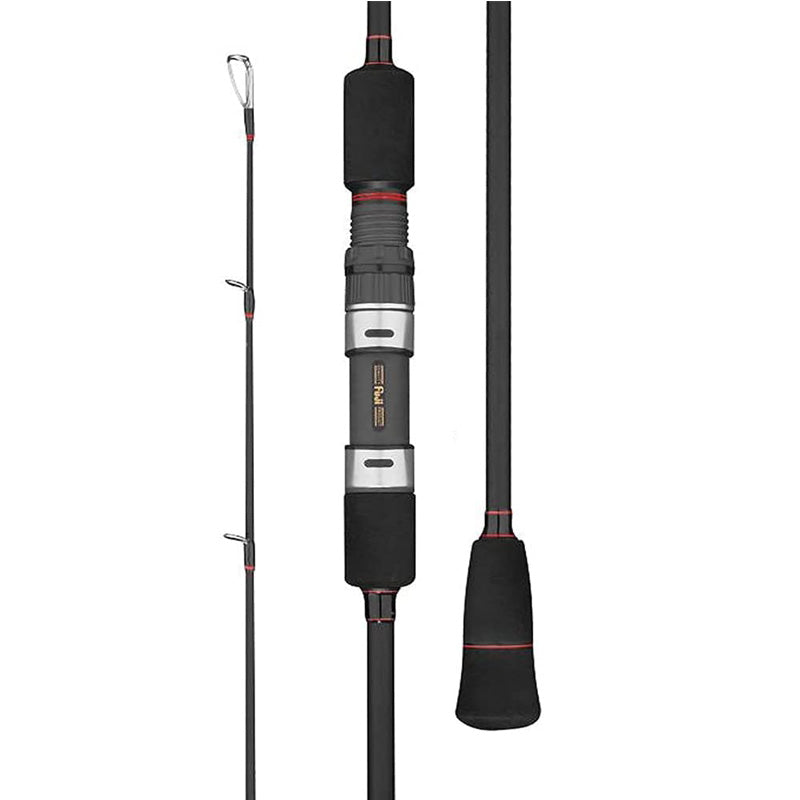 GOOFISH Matte Black PE3–6 spinning rod details with red trim, FUJI reel seat and black EVA grips