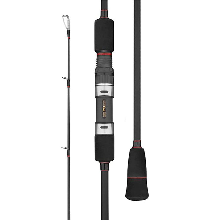 GOOFISH Matte Black PE3–6 spinning rod details with red trim, FUJI reel seat and black EVA grips