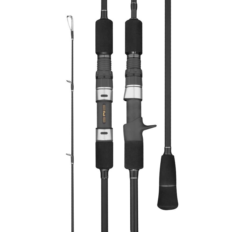 GOOFISH Matte Black jigging rod details showing spinning and casting reel seats, guides and black EVA grips
