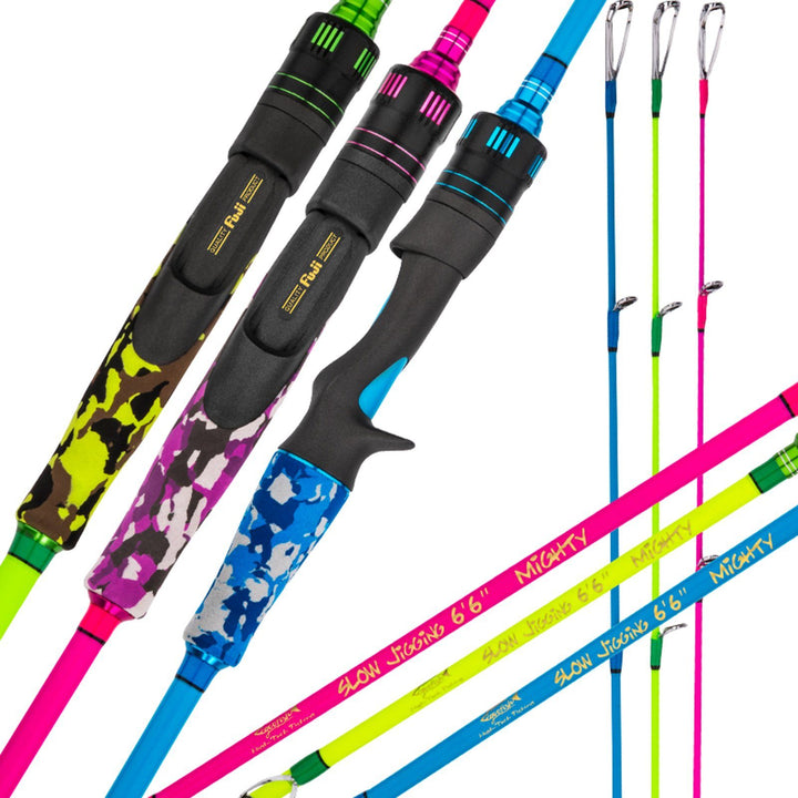 GOOFISH Mighty slow pitch jigging rods in pink, green and blue with FUJI reel seats and camouflage grips