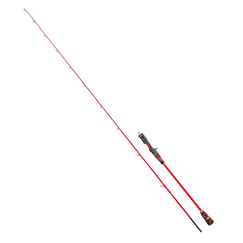 GOOFISH Orange Micro butt-joint casting rod with the upper section detached from the handle